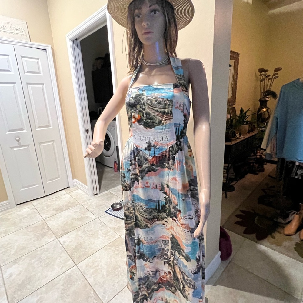 NWT XS White Closet Elements Scenic Print Halter Maxi Dress